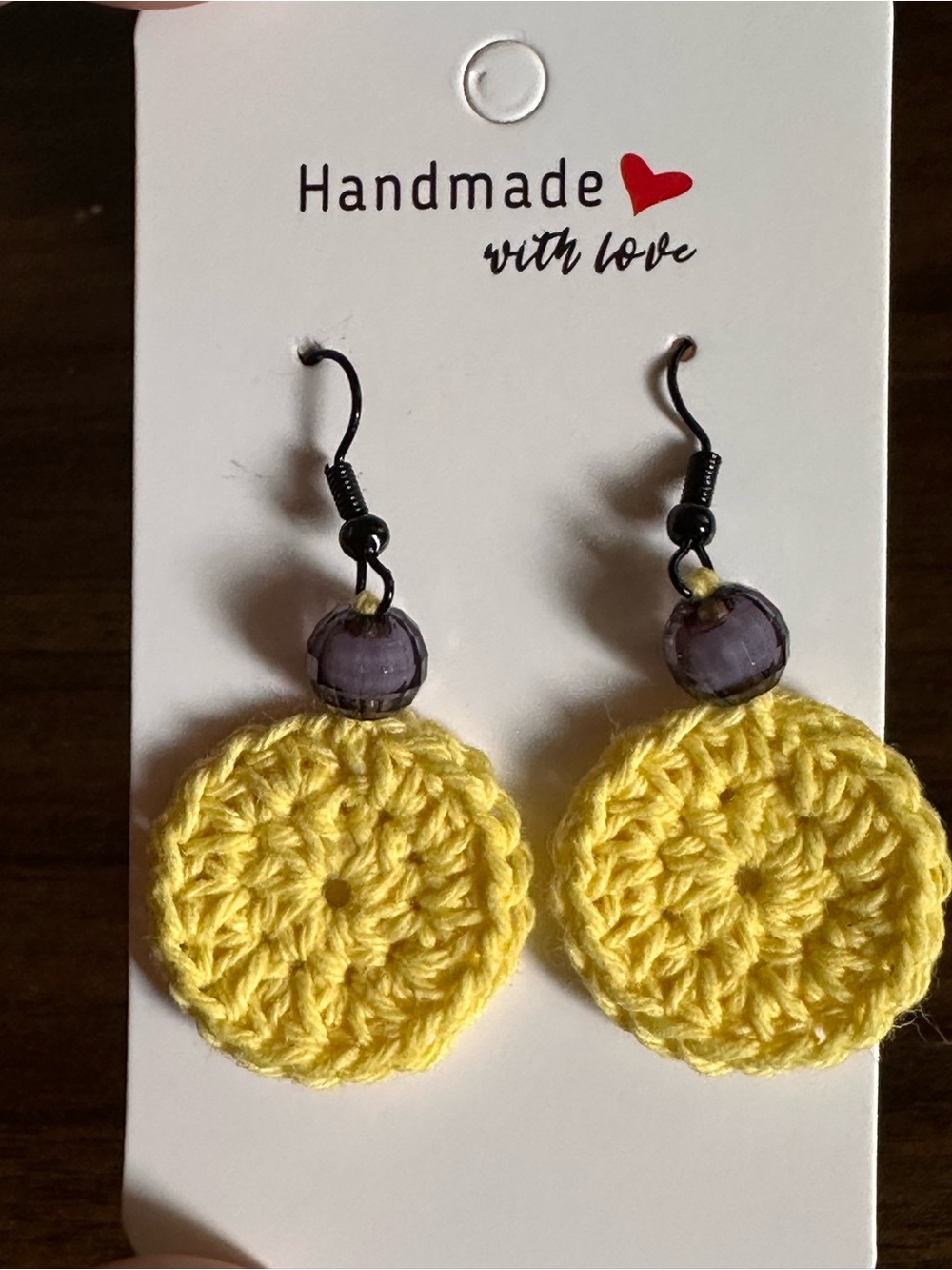 Handmade Yellow Crochet Disc Earrings with Purple Bead